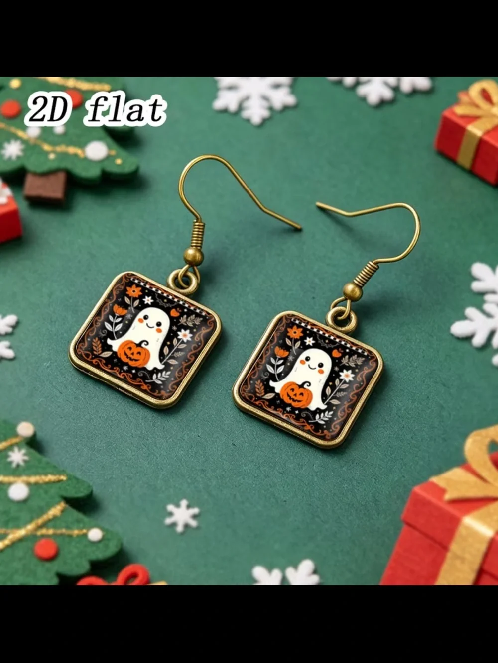 Halloween Ghost Pumpkin Drop Earrings - Gold Tone with Black & Orange Accents